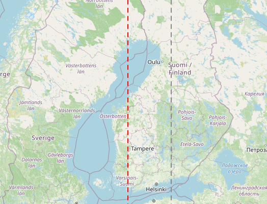 A map of Finland. A red dashed line runs along the 22.5°E meridian slightly east of Turku. A gray dashed line runs along the 26.25°E meridian between Lahti and Kouvola.