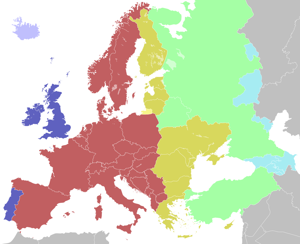 Colour coded time zones across Europe